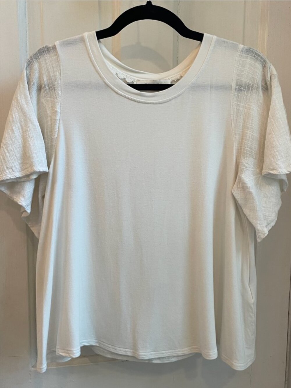 Anthropologie White Short Sleeve T-Shirt with Flowy, Lace Sleeves - Size Small